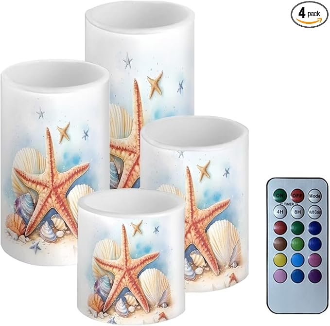 Flameless LED Battery Candles Pack of 4 Waterproof Pillar Candles Tealights with 18-Key Timer Remote Colorful Lights for Outdoor Beach Coastal Home Decor, Starfish Seashell Retro