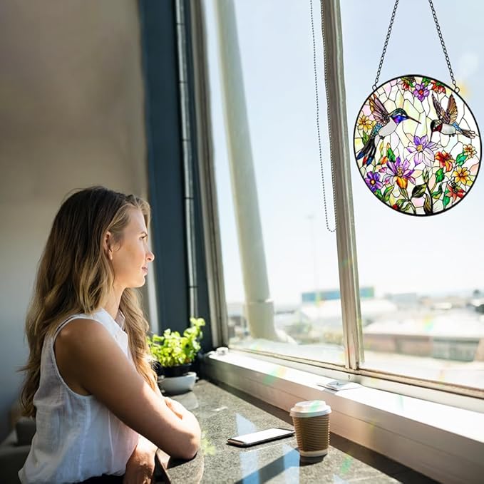 Hummingbird Suncatcher Stained Glass Window Hanging - Bird and Flowers Suncatchers for Windows - Sun Catchers Indoor Window Wall Art Home Decor Panel - Hummingbird Gifts for Women Men Mom Bird Lovers