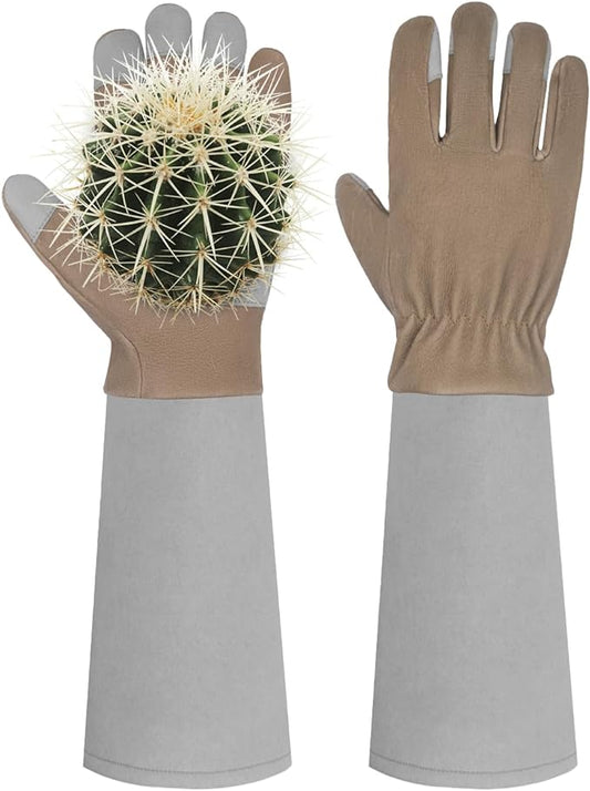 HANDLANDY Pruning Gloves Long for Men & Women, Pigskin Leather Rose Gardening Gloves- Breathable & Durability Gauntlet Gloves (Grey-brown, Small (Pack of 1))