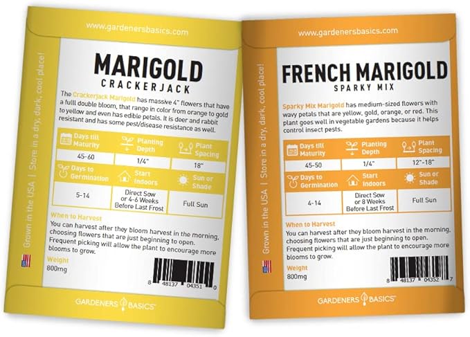 Gardeners Basics, Marigold Seeds for Planting Outdoors (4 Variety Pack) French Marigold Petite Mix, Dainty Marietta, Sparky, and African Marigold Seeds Crackerjack for Pollinators Wildflower Seed