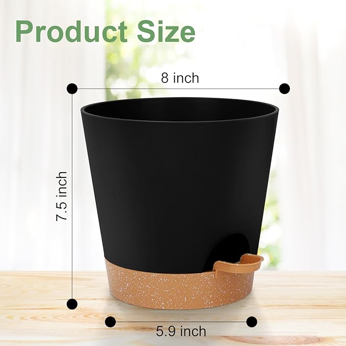 8-Inch Plant Pots, Self-Watering Planters with Drainage Holes & Saucers for Indoor and Outdoor Plants (2-Pack,Black)