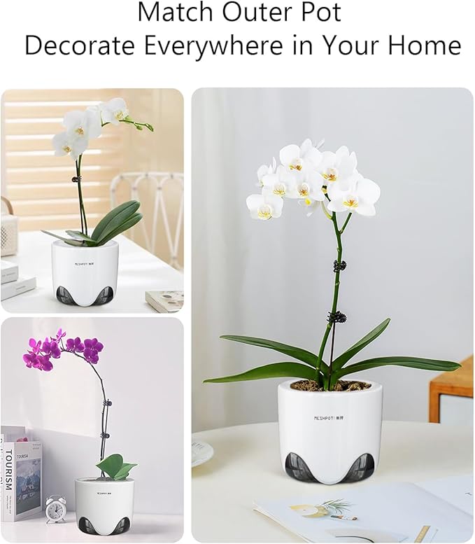 4 inch Orchid Pots with Holes for Repotting,Set of 1,Double Layer Plastic Imitate Ceramic Orchid Planter Provide Good Air Circulation,Clear Orchid Pot Match Decorative Orchid Container