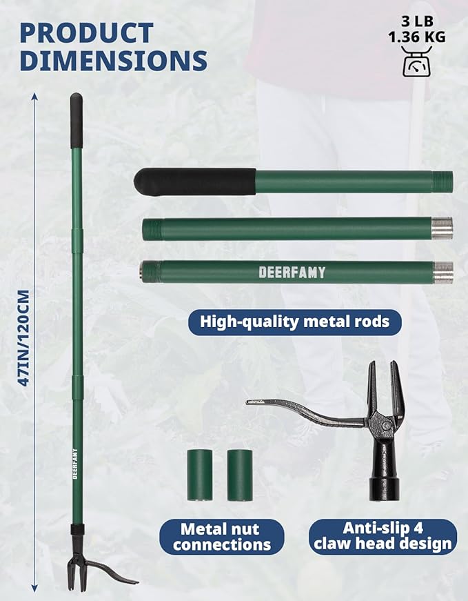 DEERFAMY Stand Up Weed Puller Tool with Long Handle, Garden Weeder Tool with 4-Claw Steel Head Design, Manual Weeder with 3-Metal Structure, Effortless Weeding Without Bending, for Dandelions, Green