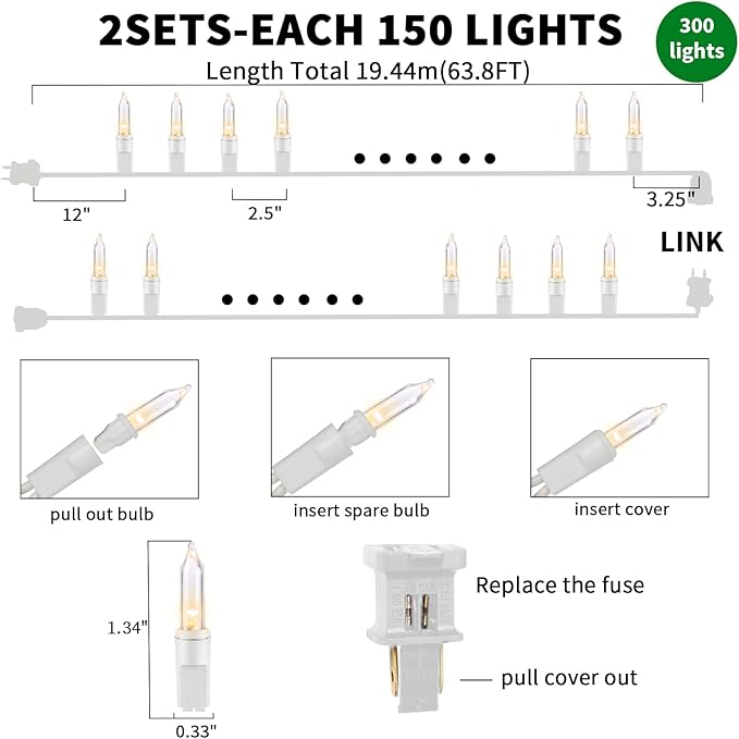 Ultra-Bright Connects End to End Warm White Christmas Mini Light 300L 63.8Ft(2Sets-Each 150L)UL Listed Incandescent Bulb String Light for Indoor Outdoor Holiday Garden Christmas Tree Decor