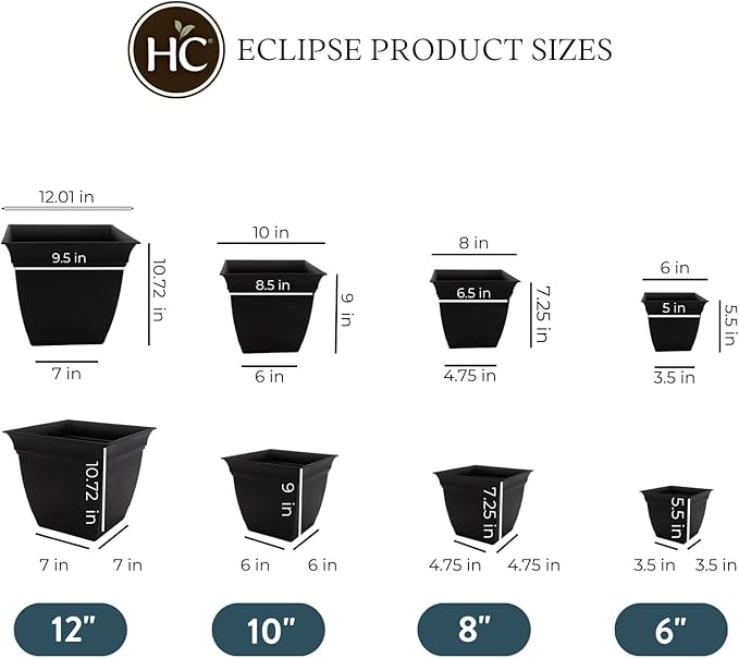 The HC Companies 12 Inch Eclipse Square Planter with Saucer - Indoor Outdoor Plant Pot for Flowers, Vegetables, and Herbs, Black