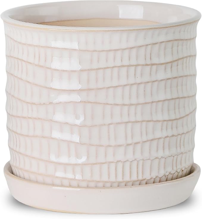 6 Inch Plant Pot: Ceramic Planter with Drainage Hole & Saucer for Indoor Outdoor Plants - Flowerpot with Bonded Tray for Home Office - Wave Embossed