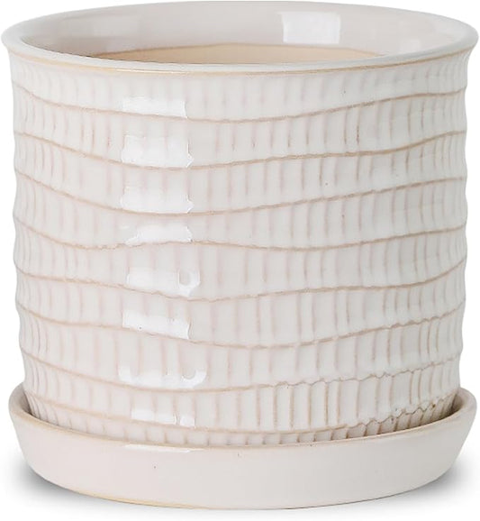 6 Inch Plant Pot: Ceramic Planter with Drainage Hole & Saucer for Indoor Outdoor Plants - Flowerpot with Bonded Tray for Home Office - Wave Embossed