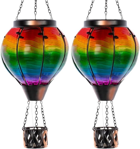 Starsoul 2 PC Solar Hot Air Balloon Lantern with Flame Multi-Color Hot Air Balloon Lantern with Candle Holder Metal & Glass Hanging Garden Light Waterproof Outdoor Lantern Decor