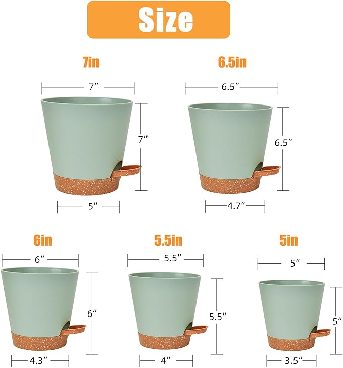Planters for Indoor Plants 7/6.5/6/5.5/5 Inch, Self Watering Planters with Drainage Holes and Saucers 5 Pack Plastic Pots for Plants, Succulents, Herbs, Cactus, Flower Pots, Green