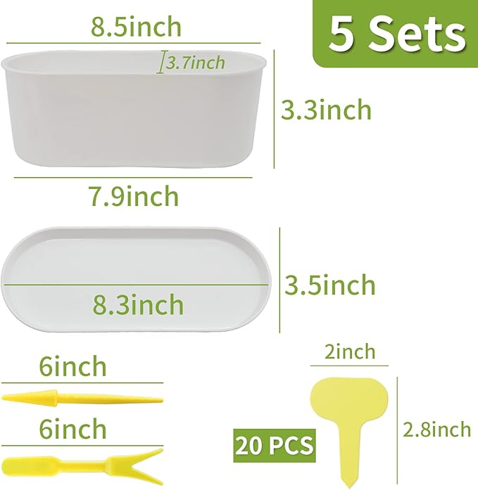 5 Set Window Herb Planter Box Rectangular,8.5x3.5 Inch White Plastic Planters with Multiple Drainage Holes and Trays,Indoor Succulent Cactus Mint Flower Pot for Windowsill,Garden Balcony