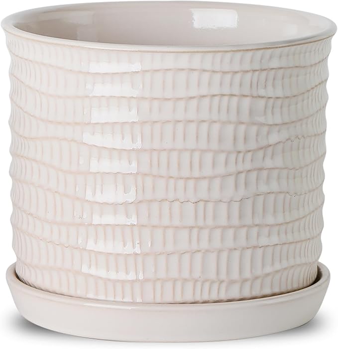 8 Inch Plant Pot: Ceramic Planter with Drainage Hole & Saucer for Indoor Outdoor Plants - Flowerpot with Bonded Tray for Home Office - Wave Embossed