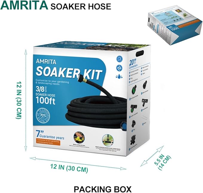 AMRITA Soaker Hose KIT,3/8inch 100ft Rubber Garden Hose 70% Water Saving,Black Heavy Duty Soaker Hose For Garden Lawn,Garden Raised Beds.(3/8-100FT) …