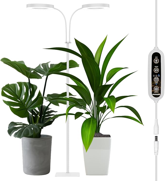 Grow Light, 2-Head LED Floor Plant Growing Lamp, Full Spectrum Plant Light for Indoor Plants, Extended&Built-in Power Cord, Automatic On/Off Timer, 6-Level Dimming, Adjustable Height of 63 in