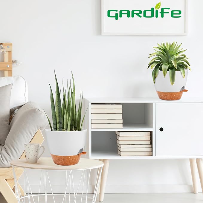 GARDIFE 10 inch Plant Pots,Self Watering Pots, 2 Pack Flower pots, Large Plastic Planters with Deep Reservior and High Drainage Holes for Indoor Outdoor Plants and Flowers, White