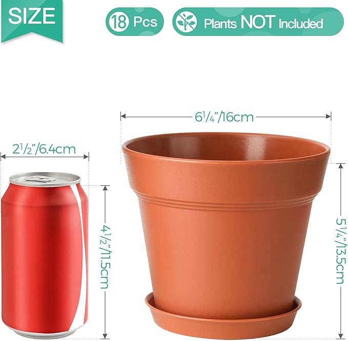 T4U 6 Inch Flower Pots 18-Pack - Small Plastic Planter with Drainage Hole and Saucer, Decorative Nursery Plant Pot Bulk for African Violet, Aloe and All House Plants Indoor (Terracotta)