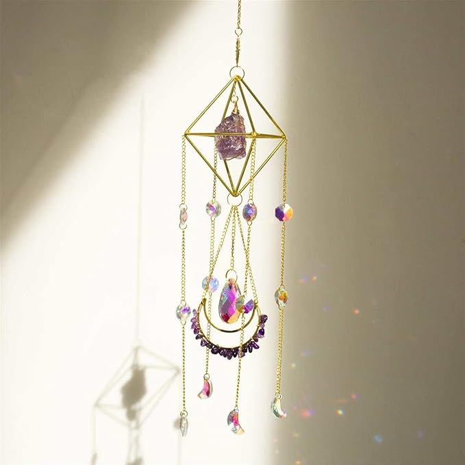 Suncatcher Amethyst Crystal Boho Decor, Spiritual, Purple Gemstone Sun Catcher Hanging for Windows, Rainbow Maker, Crystal Boho Hanging, Natural Stone (Amethsyt)
