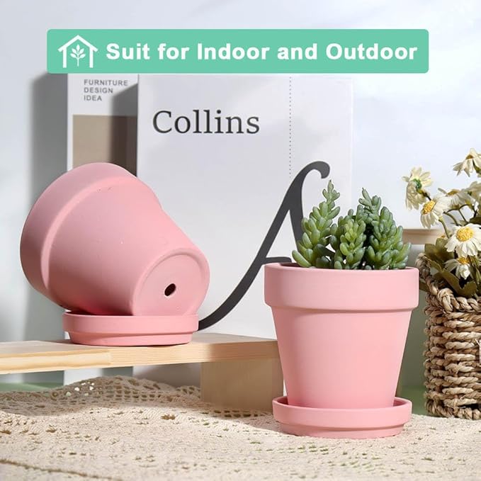 vensovo 4 Inch Small Peach Pink Terracotta Plant Pots with Saucer - 6 Pack Clay Flowerpots with Drainage, Great for Indoor Outdoor Plants, Crafts, Wedding Favor