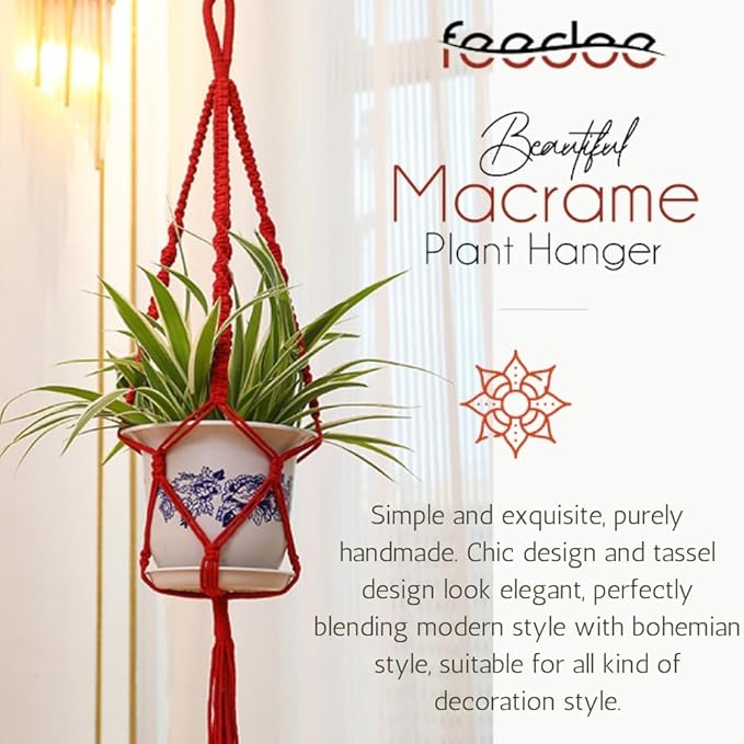 Macrame Plant Hangers Indoor Macrame Hanging Planters for Indoor Plants - 6 Pack Hanging Plant Holders Indoor Hanging, Macromay Plant Hangers for Indoor Plant Hanger, Boho & Home Decor (Red)