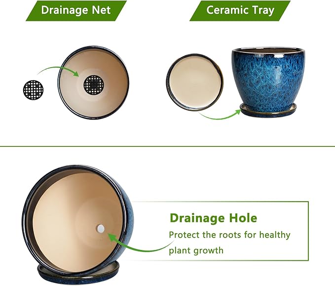 10 Inch Ceramic Planter Pot Round Plant Pot for Indoor Plants Outdoor Large Flower Pot with Drainage Hole and Saucer Blue