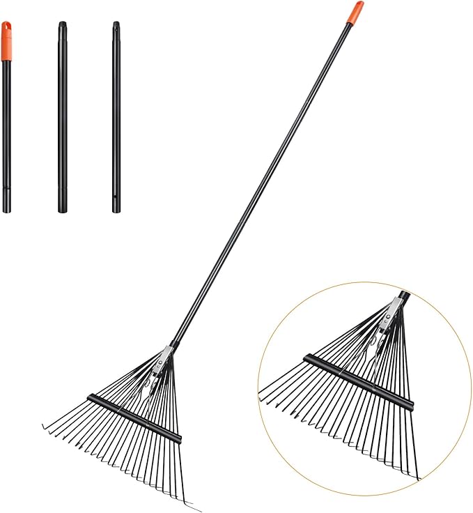 High-Carbon Steel Gardening Leaf Rake, Suitable for Raking Leaves and Lawn Tidying,Adjustable Split Long Handle 33-67", 24tines 23.2" Wide,Garden rake and thatch rake Suitable for Adults