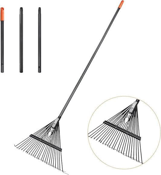 High-Carbon Steel Gardening Leaf Rake, Suitable for Raking Leaves and Lawn Tidying,Adjustable Split Long Handle 33-67", 24tines 23.2" Wide,Garden rake and thatch rake Suitable for Adults