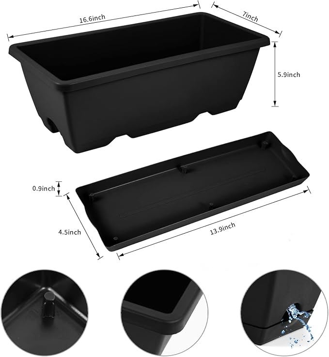 8pcs Window Box Planter,17 Inches Flower Window Boxes,Rectangle Planters Box with Drainage Holes and Trays, Plastic Vegetable Planters for Windowsill Patio Garden Home Decor Porch Yard (Black)