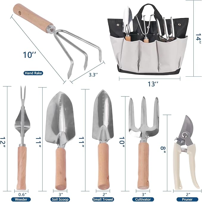 Garden Tool Set, Stainless Steel Gardening Kit, with Large Capacity Garden Tool Bag, Outdoor Hand Tools, Black Grey Garden Tool Kit for Women and Men