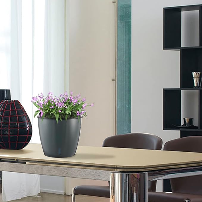 Planterhoma 5 Inch Self Watering Pots for Indoor Plants, 6 Packs African Violet Pots with Water Indicator and Black Wick Pots, Self Watering Planters for Devil's Ivy, Indoor Plant Pots, Grey Gold