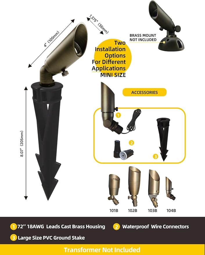 COLOER Mini Size Die-cast Brass Landscape SpotLights Outdoor, 12Volt AC/DC Low Voltage Garden Driveway Lights,IP65 Waterproof Outdoor Yard Lighting(104B, Bronze, 10-Pack Without Bulb)
