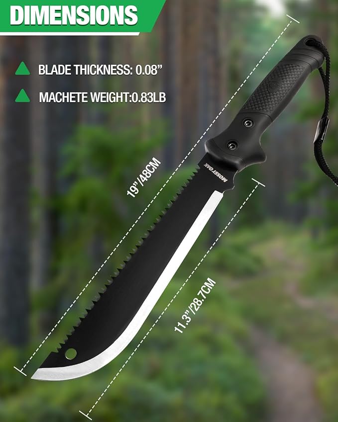 Mossy Oak Machete with Saw, 19" Sharp Machete with Sheath, Ergonomic No-Slip Handle, Machetes for Bushcraft, Outdoor Hunting, Garden Cutting Trees and Yard Work