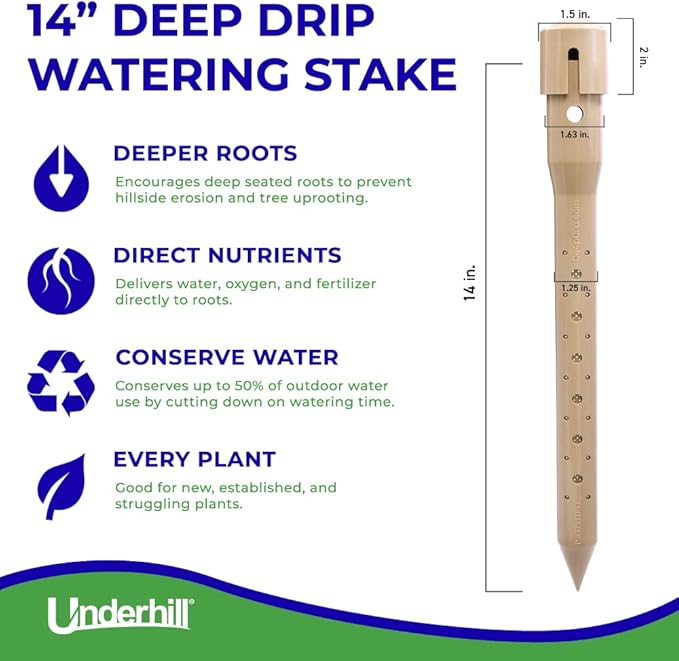 Underhill Deep Drip Irrigation Stakes 14-1/2-Inch, Case of 25 Watering Spikes for Trees and Bushes with Shallow Roots, Drip System Tubes, A-DD14-25