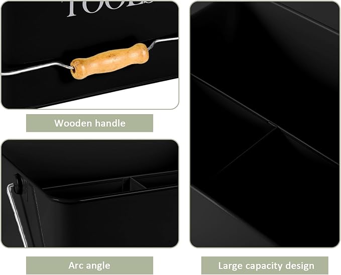 Metal Garden Tool Caddy, 3 Compartments Garden Tool Organizer with Handle, Garden Tool Box for Indoor and Outdoor, Gardening Tool Kit Holder Empty, Gardening Supplies, Gardener Gift (Black)