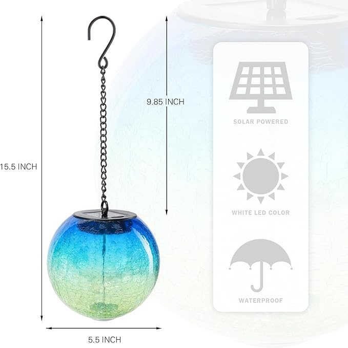 Hanging Solar Lights Outdoor Solar Lanterns Outdoor Decorative Cracked Glass Ball Lights Solar Powered Waterproof LED Globe Lantern for Outdoor Porch Patio Garden Decor Gift Blue&Green