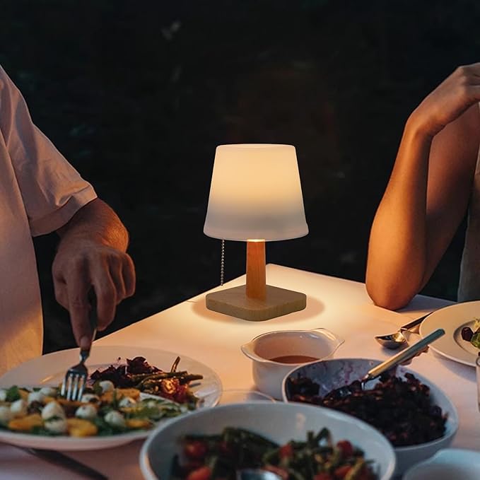 pearlstar Solar Table Lamp Outdoor - 2 Pack LED Waterproof Cordless Solar Desk Lamp with Pull Chain 2 Lighting Modes, Auto ON/Off for Outside Patio Coffee Table Garden Bedroom Living Room(White)