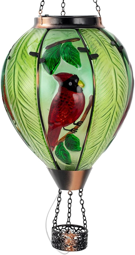 Large Hot Air Balloon Cardinal Solar Lantern Lights with Flame, Green Glass Balloon Lantern Waterproof Outdoor Decor for Garden Yard Patio, Birthday Mother's Day Gifts for Moms Women