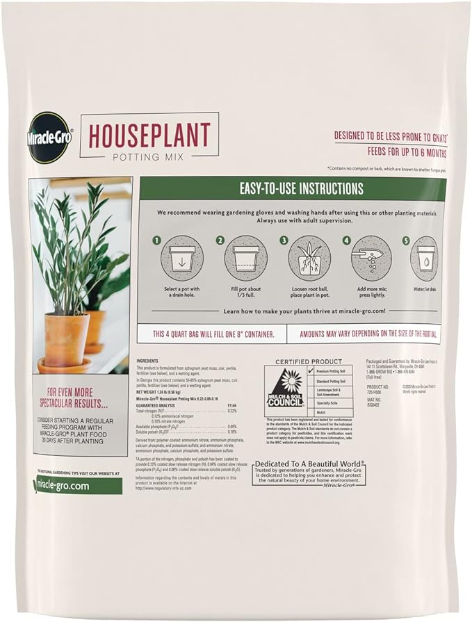 Miracle-Gro Houseplant Potting Mix - Fertilized Soil, Designed to be Less Prone to Gnats, 4 qt. (2-Pack)