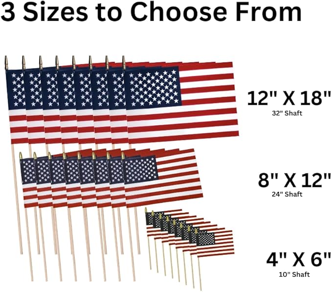 American Flags on Stick - Handheld Spearhead US Flag for 4th of July, Memorial Day Event Decorations - Patriotic Decor for Indoors & Yard - Wooden Stick, Cotton Fabric - (8"x12" - 12 Pack)