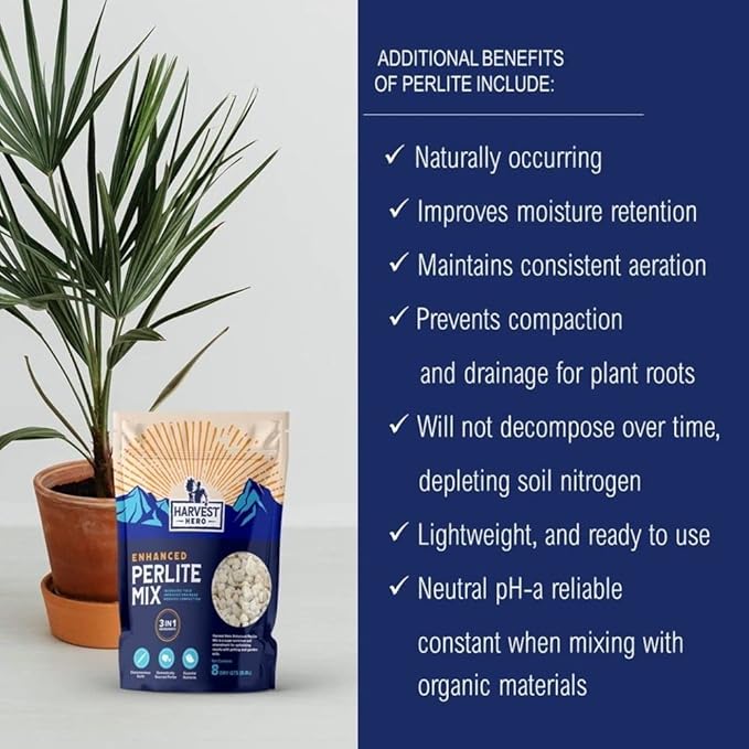 Enhanced Perlite Mix, Soil Amendment That Promotes Robust Growth with Diatomaceous Earth & Essential Nutrients for Plants, Transplanting, Garden Beds and Seedlings (8 QT)