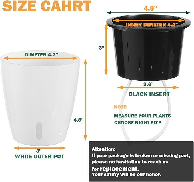 Planterhoma 5 Inch Self Watering Pots for Indoor Plants, 10 Packs White African Violet Pots with Water Indicator and Black Wick Pots, Self Watering Planters for Devil's Ivy, Indoor Plant Pots