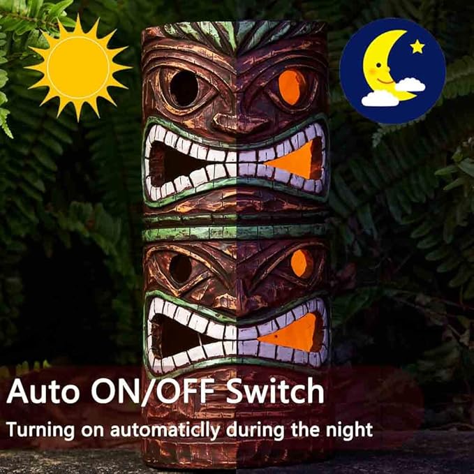 Solar Tiki Statue Outdoor Decor-Garden Large Tiki Statue-Solar Totem Pole Tiki Bar Decoration for Lawn Patio Yard,10 Inch Tall