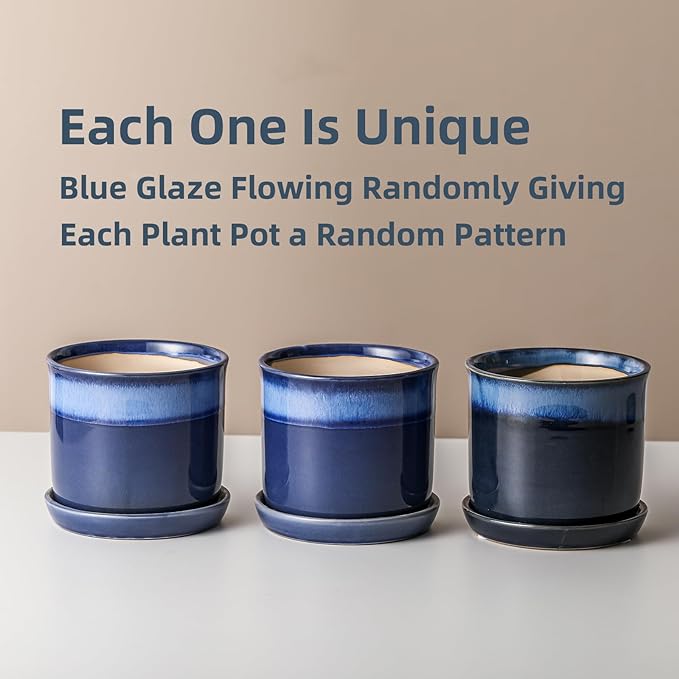 6 Inch Plant Pot: Ceramic Planter with Drainage Hole & Saucer - Gradient Blue Flowerpot for Indoor & Outdoor Plants with Separate Tray