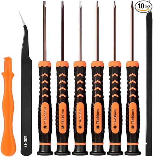 TECKMAN 10 in 1 Torx Screwdriver Set with T3 T4 T5 T6 T8 T10 Security Torx Bit & ESD Tweezers,Magnetic Screwdrivers Precision Repair Kit for Xbox,PS4,Macbook,Computer,Doorbell & Folding knife