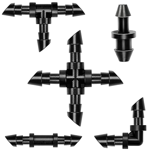 1/4 Inch Drip Irrigation Fittings, 140 Pieces Kit 1/4 Inch Tubing Connectors Includes Couplings Tees Elbows Crosses Plugs Drip Line Quick Connect Barbed Connectors