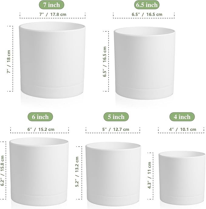 7/6.5/6/5/4 inch Flower Pots, 5 Pack Cylinder Plant Pots for Small Indoor Outdoor Plants, Plastic Planters with Drainage Holes and Saucers for Garden Succulent Nursery House Plants, White