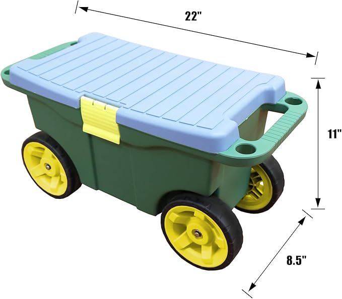 Torin AG594B Garden Cart Scooter and Seat: Garden Stool with Bench Seat and Interior Tool Tray, Rolling Storage for Weeding and Planting, Green/Blue/Black