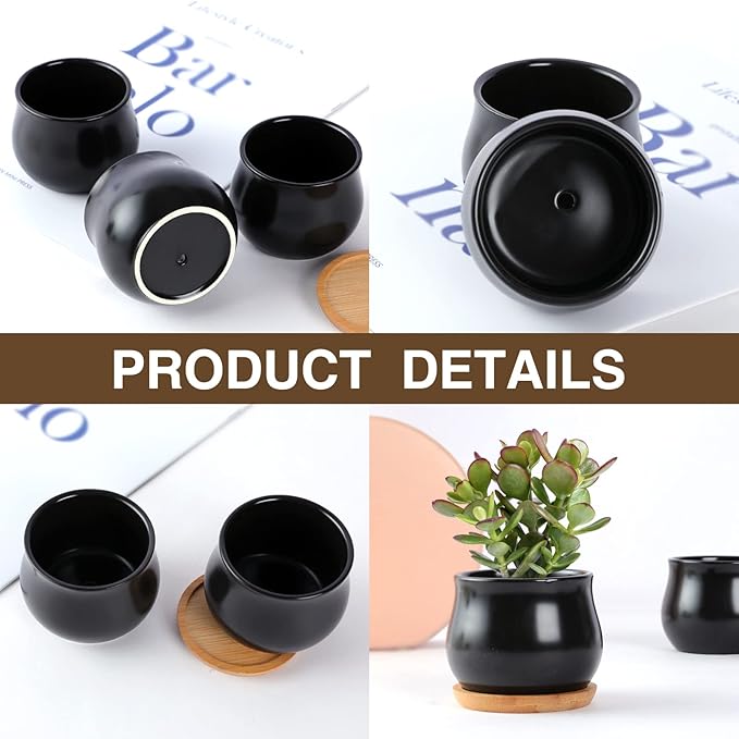 8 Pack Succulent Plant Pot, Matte Black Mini 2.6 inch Ceramic Flower Planter Pot with Bamboo Tray, Small Pots for Plants, Plants Not Included