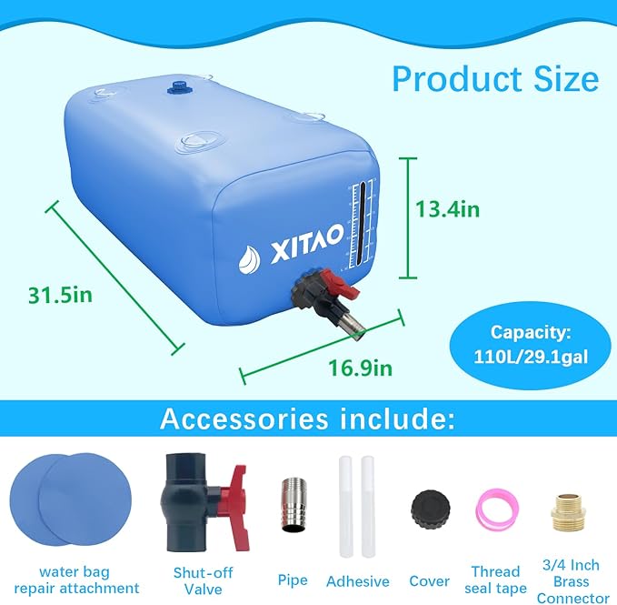 XITAO 29Gal Large Capacity Water Storage Bladder Containers w/Water Level Indicator Portable Foldable Emergency Water Tank Bag for RVs, Drought Resistance, Fire Prevention, Agricultural Irrigation
