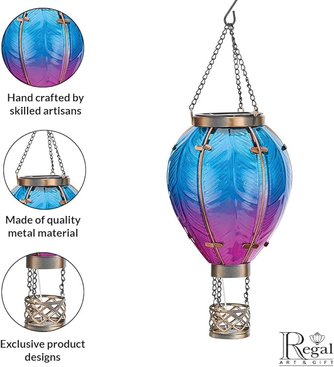 Regal Art & Gift Hot Air Balloon Solar Lantern – Hanging Solar-Powered LED Lights, Waterproof Portable Decorative Outdoor Lamp Made of Metal & Glass for Garden, Patios & Pathway – Blue (Small)