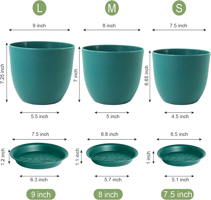 Flower Pots 9/8/7.5 inch, Set of 3 Modern Decorative Plastic Planters with Drainage Holes and Tray for House Plants Indoor Plants, Plant Pots for Indoor Outdoor Plants, Blue Green