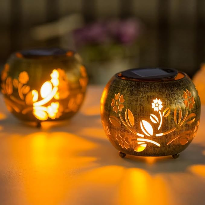 2 Pack Flower Solar Lanterns Outdoor Waterproof, Hollow Out Metal Lantern Solar Lights, Hanging Lights for Yard, Patio, Porch, Garden Decor, Outdoor Decoration LED Lantern for Yard, Garden